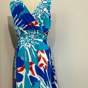 Sleeveless Silk-Inspired Dress with Blue & Orange Botanical Pattern  (SIZE 6)